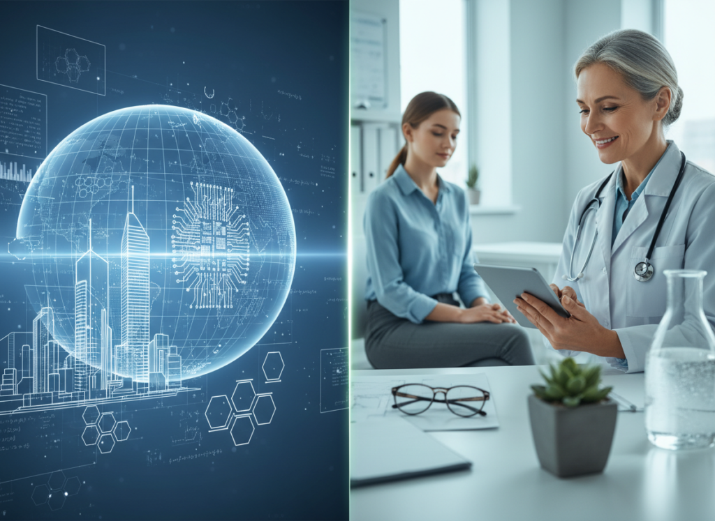 Imagem dividida ao meio: o lado esquerdo exibe um globo holográfico azul com elementos de engenharia e cidades inteligentes; o lado direito mostra uma médica sorridente de jaleco branco usando um tablet em um consultório.