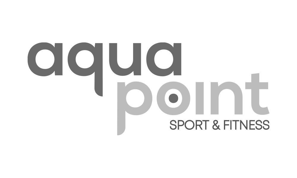 Logotipo da academia Aquapoint Sport & Fitness em tipografia moderna e tons de cinza, apresentando o design da marca focado em saúde e bem-estar.