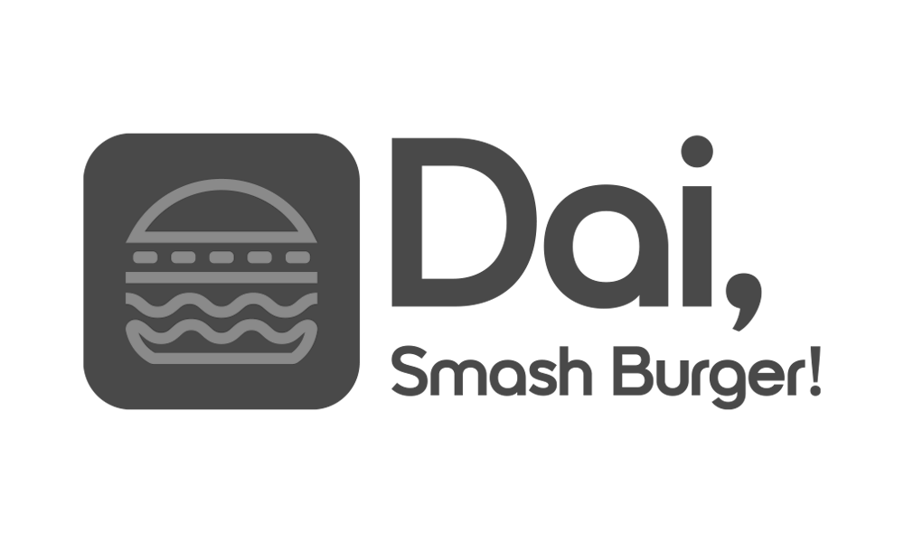 Logotipo moderno para Dai, Smash Burger!, apresentando ícone de hambúrguer estilizado em fundo escuro com tipografia limpa, focado no setor de fast food premium.